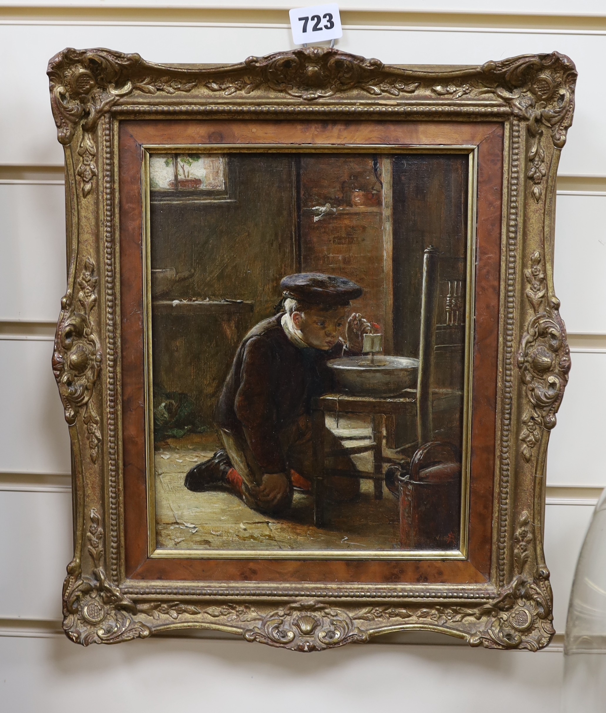 Victorian School, oil on canvas, Interior with boy playing with a toy sail boat, monogrammed SA, 25 x 19cm